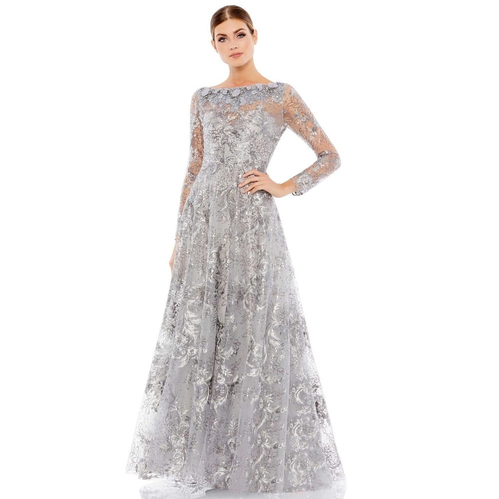 Mac Duggal 67498 Floral Embroidered Illusion Lace Gown Gray Sterling Size 6 NWT